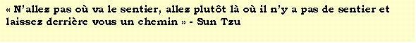Zone de Texte:  Nallez pas o va le sentier, allez plutt l o il ny a pas de sentier et laissez derrire vous un chemin  - Sun Tzu